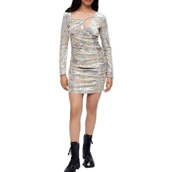 Maje Raneli Sequined Velvet Long Sleeve Mini Dress Argent Small - Picture 3 of 11